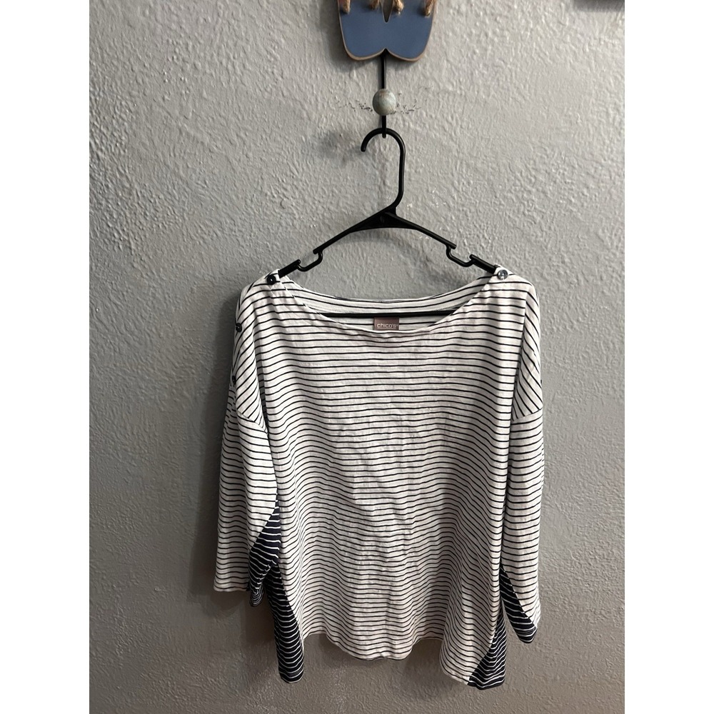 Womens Chicos White Blue Striped Top Size 3 3/4 Pullover